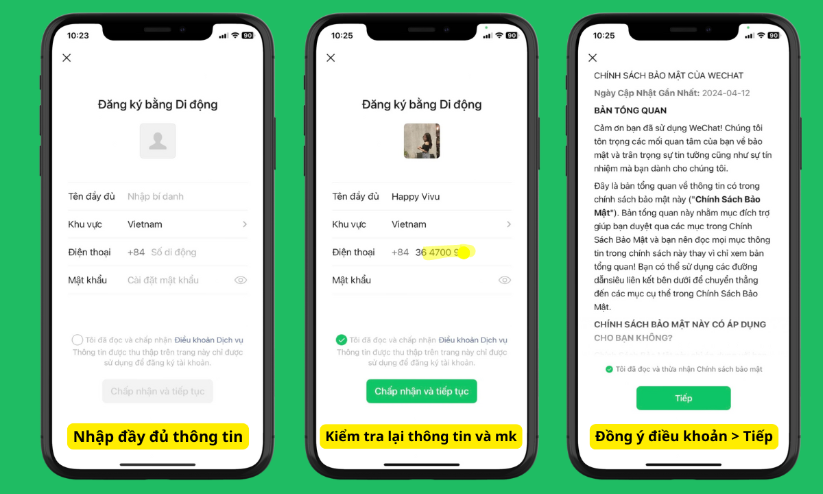 Điền đầy đủ thông tin hồ sơ WeChat: Tên (Name); Miền quốc gia (Region); Số điện thoại (Phone); Mật khẩu (Password)